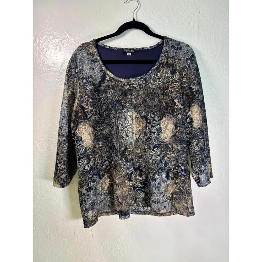 Lace Overlay Blouse Top 1X Blue Brown Grandmacore Boho 90s Office Buffay Artsy‎